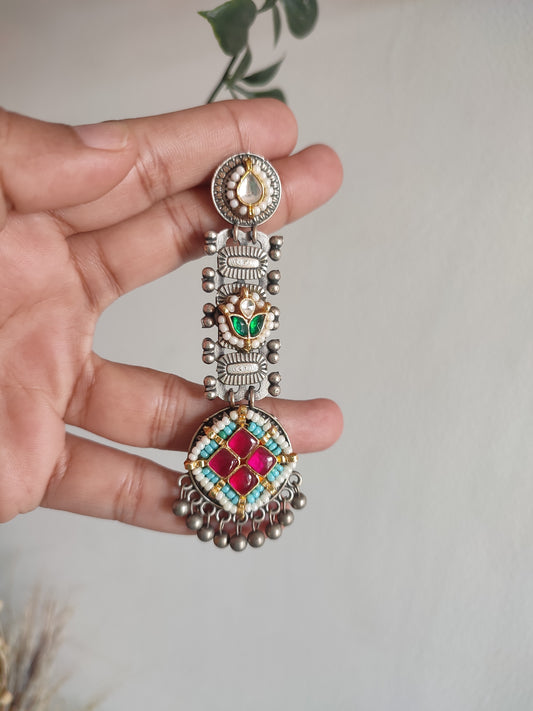 Designer kundan faux pearl brass long hanging drop earrings