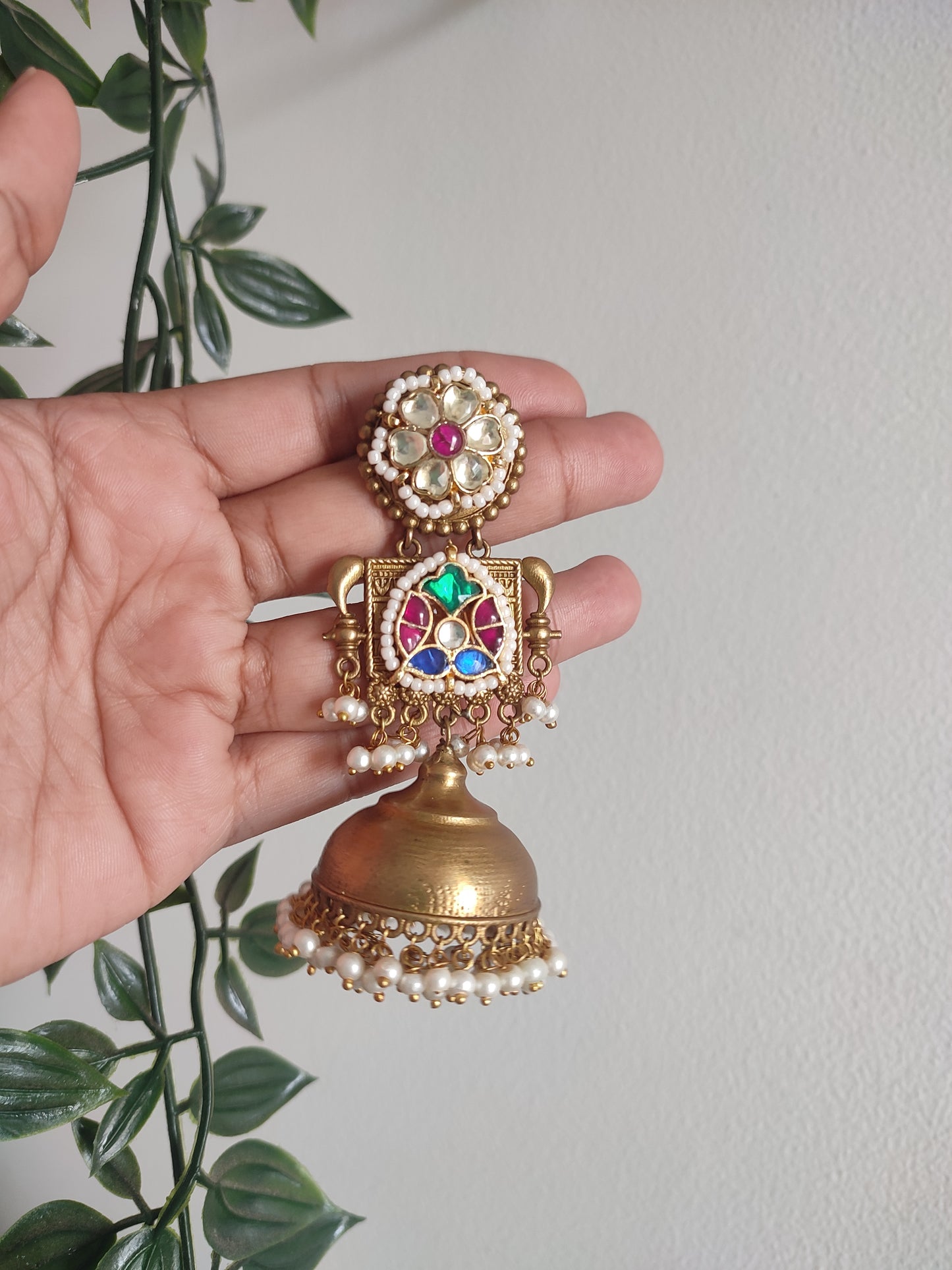 Designer Kundan Brass Gold Finish Heavy Jhumka