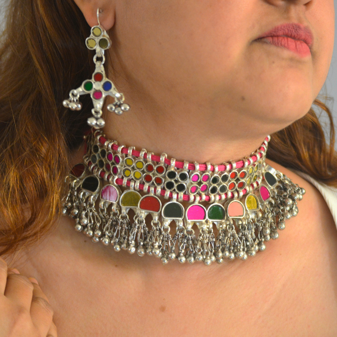 Simara Multicoloured Glass Necklace Set with Earrings