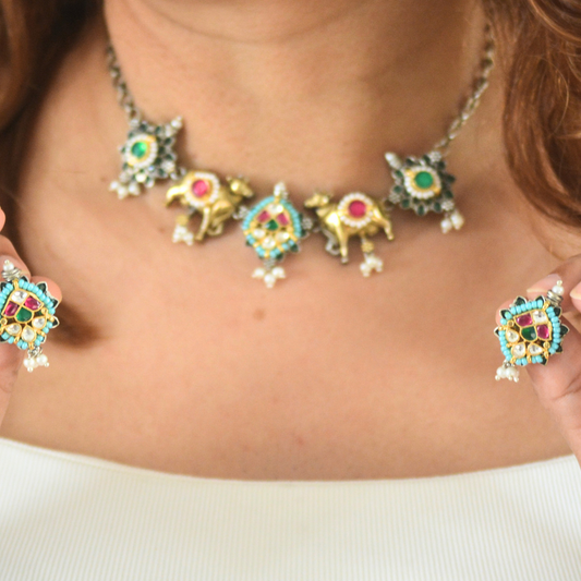 Pachi Kundan Brass Sleek Nandi dual tone Necklace Set with Earrings- Green Stones