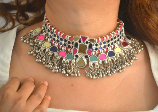 Tejal Multicoloured Glass Choker Necklace Set with Earrings