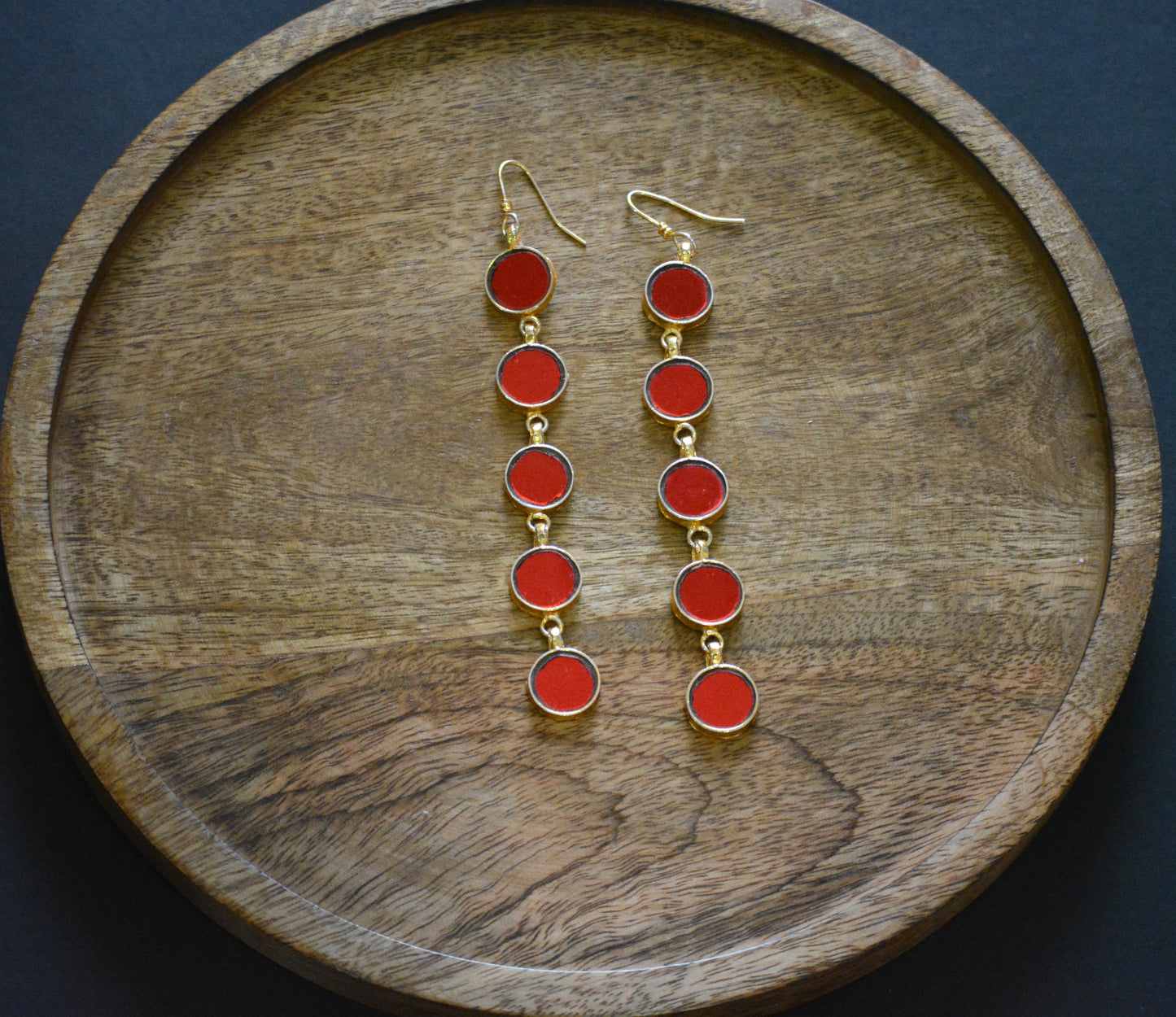 Rista glossy red glass and gold polish drop long earrings