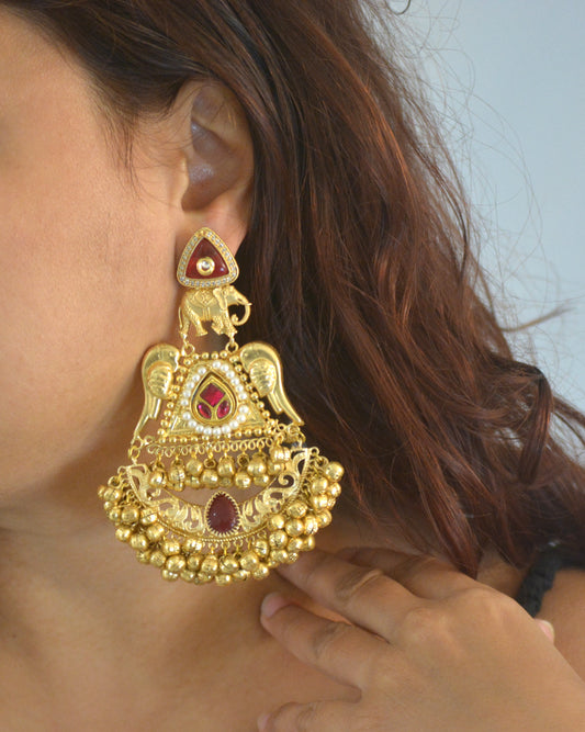 Bhavya Gold finish Designer Kundan and Stone Earrings- Heavy