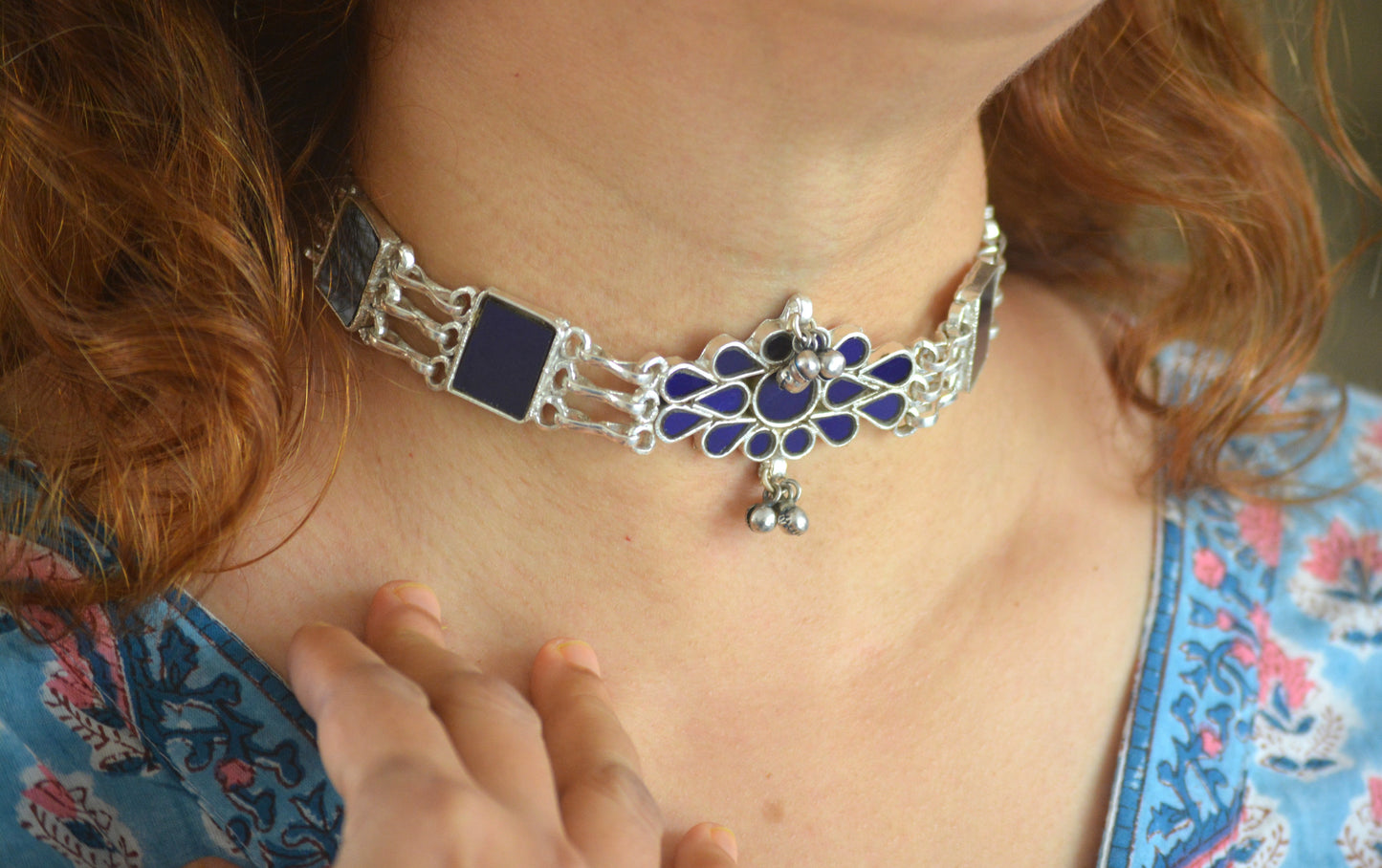 Sohini Glass choker Necklace - Navy Blue