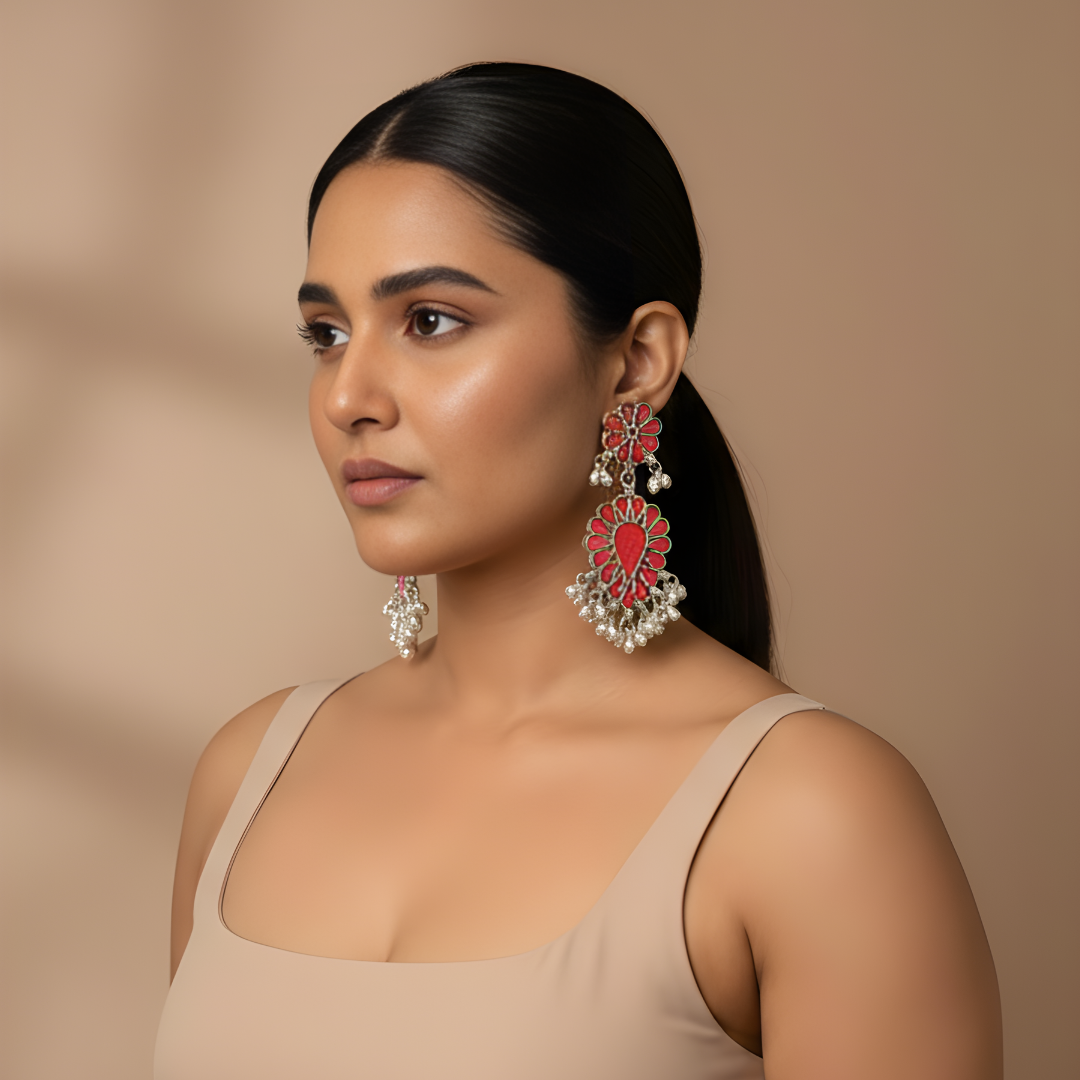 Gulaab Glass Glossy Long Earrings - Heavy
