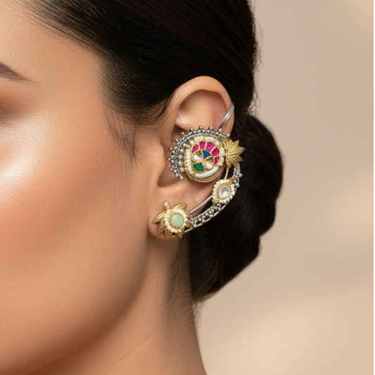 Mehana Pachi Kundan Earcuffs with Stud Earrings