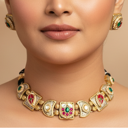 Muhika Designer Pachi Kundan Necklace Set with Stud Earrings