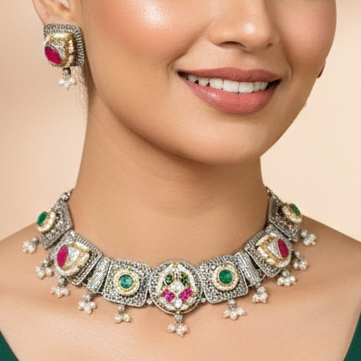 Soumya Designer Pachi Kundan Brass Necklace Set with stud Earrings