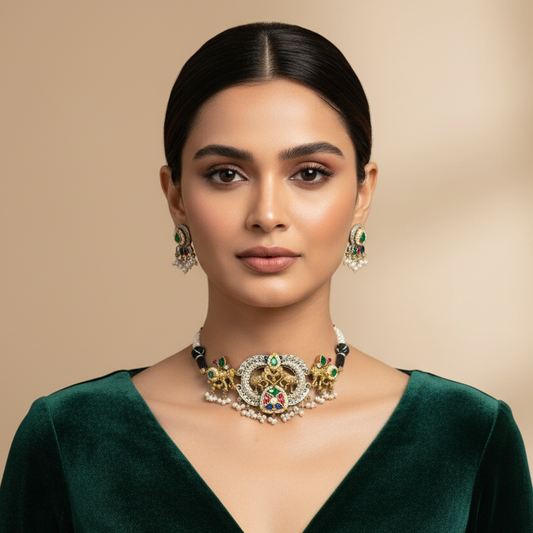 Suranya Pachi Kundan Necklace Set With Earrings