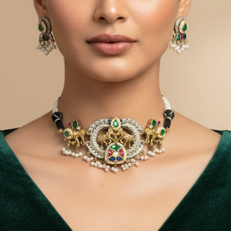 Suranya Pachi Kundan Necklace Set With Earrings