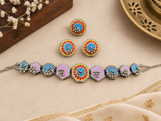 Sunisha handpainted choker necklace with set of earrings and ring