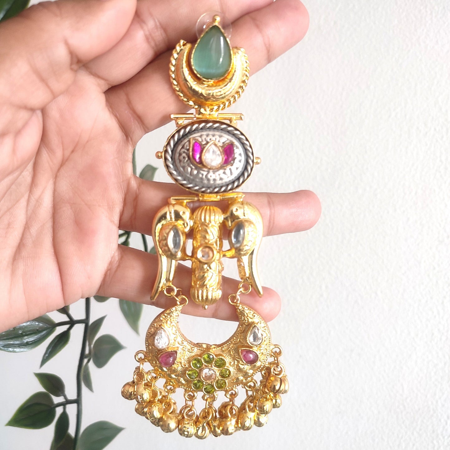 Pachi Stone Kundan Long Medium Heavy Earrings