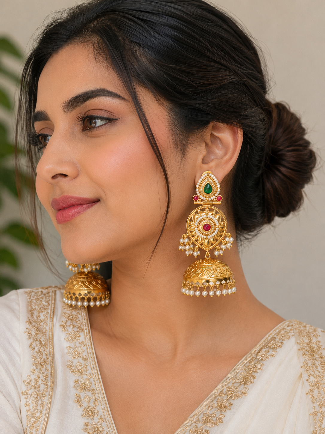 Anushree Pachi Kundan Brass Jhumka – Golden