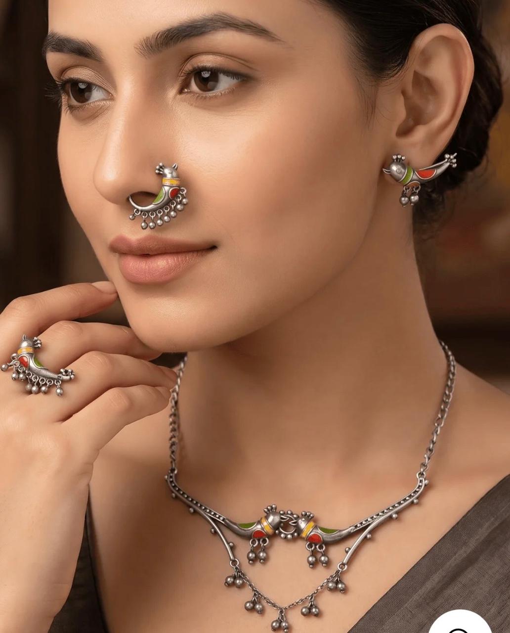 Chidiya Necklace Set With Chidiya Fishhook Earrings, Ring and Nose Ring