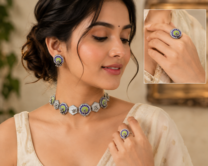 Sunisha handpainted choker necklace set with earrings and ring