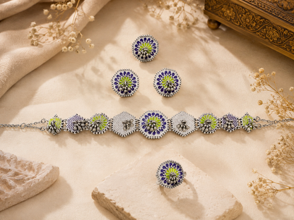 Sunisha handpainted choker necklace set with earrings and ring