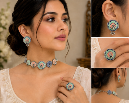 Sunisha handpainted choker set with earrings and ring