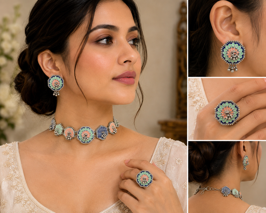 Sunisha handpainted choker set with earrings and ring