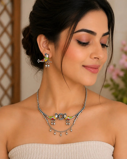Chidiya Necklace Set With Chidiya Fishhook Earrings, Ring and Nose Ring