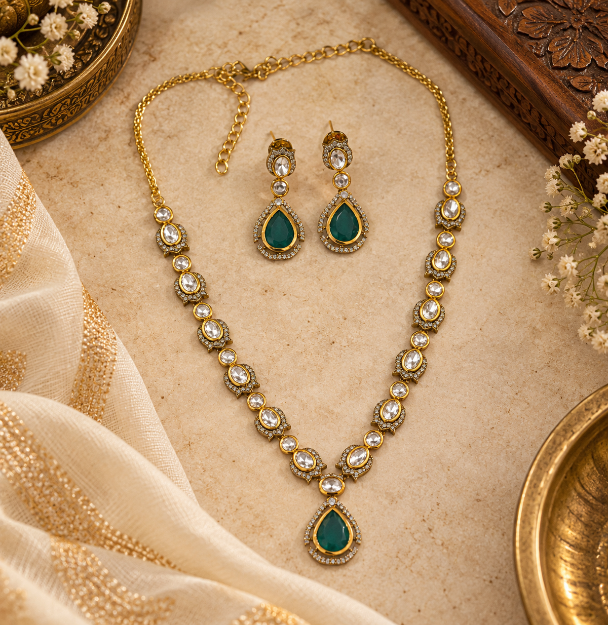 Shiraya Moissanite Sleek Necklace Set-Dark Green