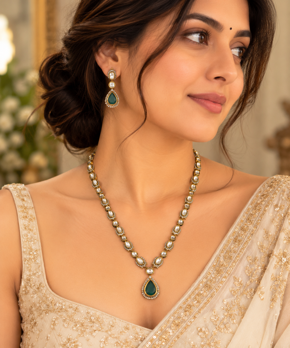 Shiraya Moissanite Sleek Necklace Set-Dark Green