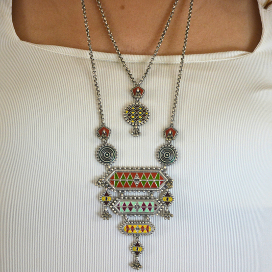 Garba Designer Pendant Set with Earrings and 2 Chains
