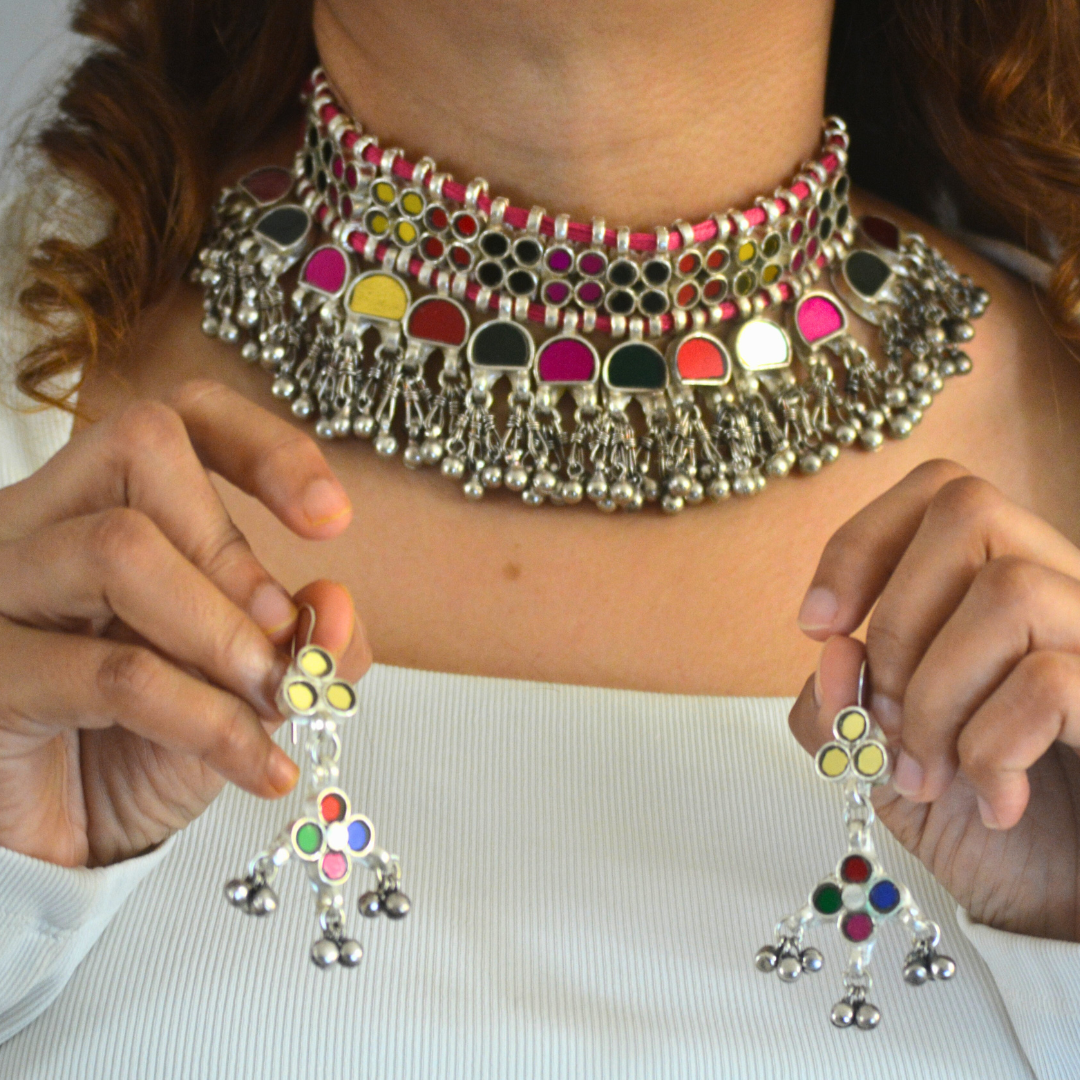 Simara Multicoloured Glass Necklace Set with Earrings