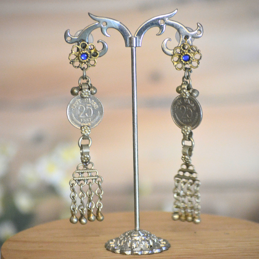 Bahar Long Lightweight Afghani Earrings Gold & Silver Tone