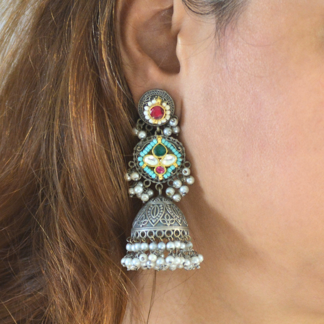 Mrinalini Pachi Kundan and Brass Jhumkas
