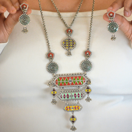 Garba Designer Pendant Set with Earrings and 2 Chains