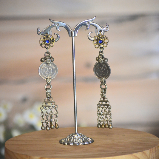 Bahar Long Lightweight Afghani Earrings Gold & Silver Tone