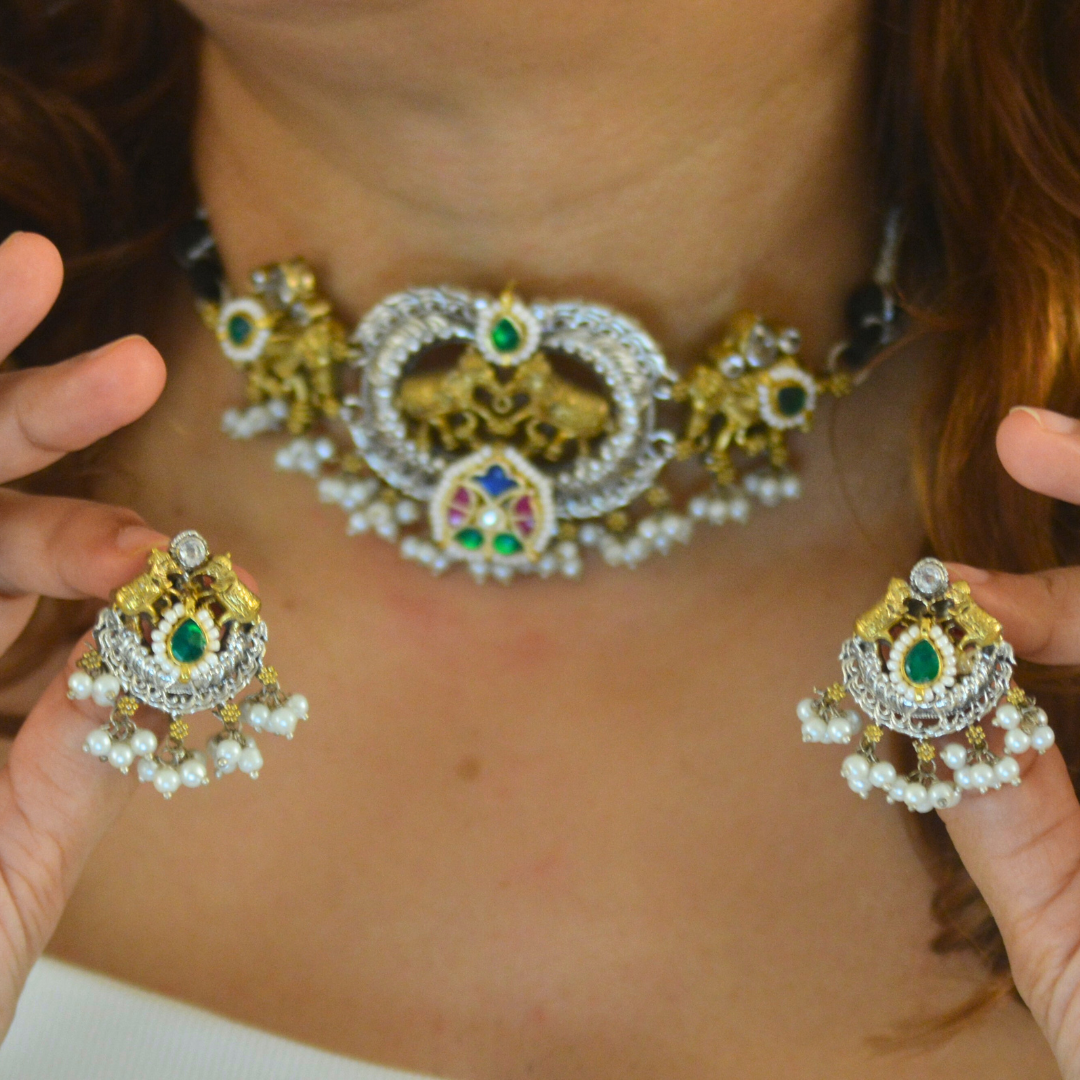 Suranya Pachi Kundan Necklace Set With Earrings