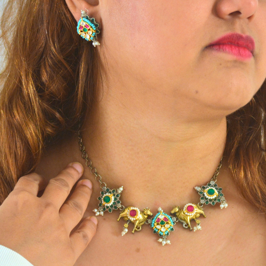 Pachi Kundan Brass Sleek Nandi dual tone Necklace Set with Earrings- Green Stones