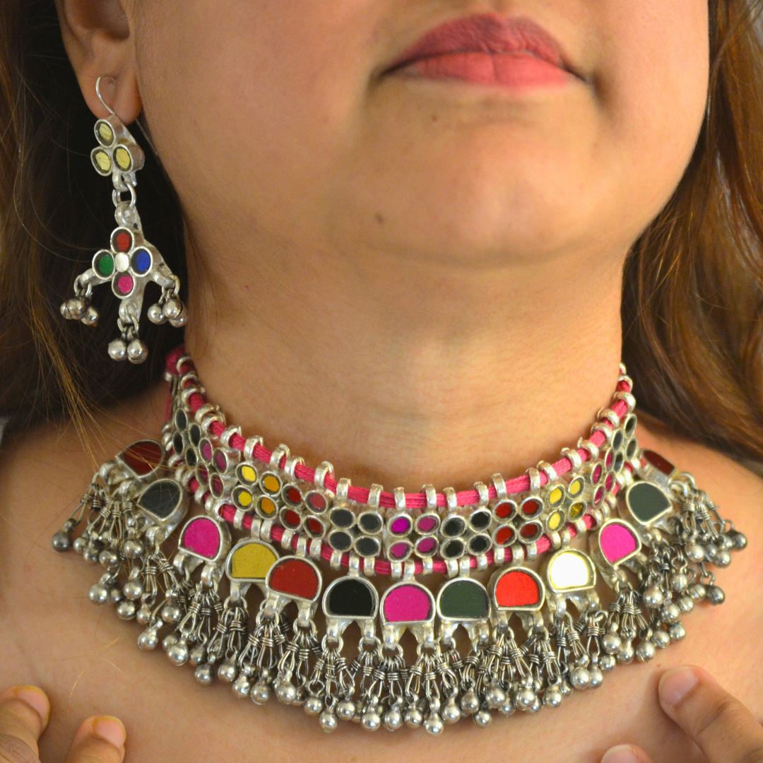 Simara Multicoloured Glass Necklace Set with Earrings