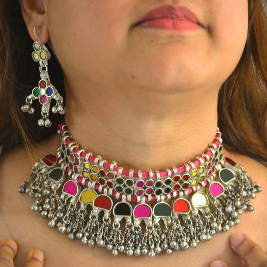 Simara Multicoloured Glass Necklace Set with Earrings