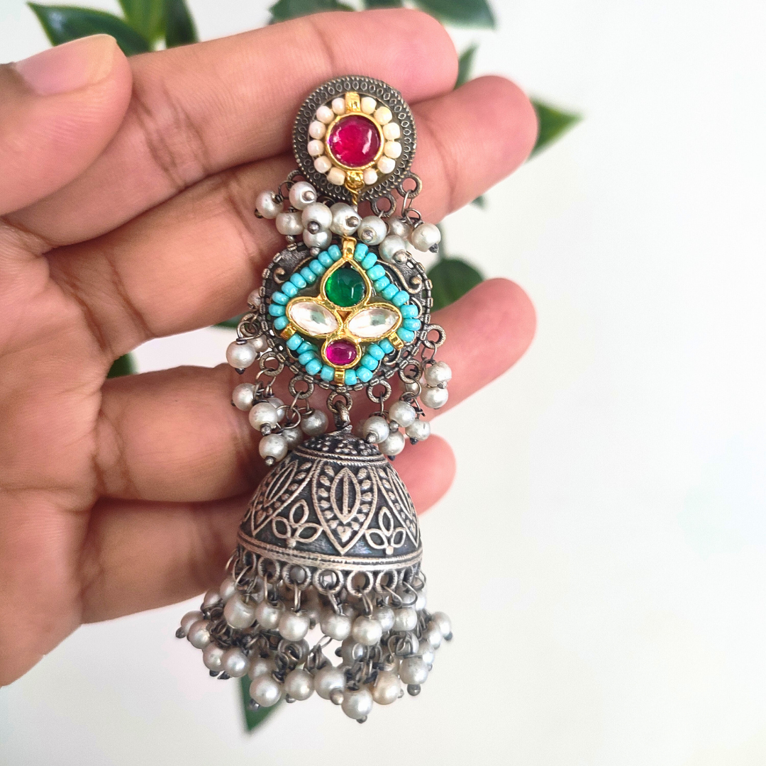 Mrinalini Pachi Kundan and Brass Jhumkas