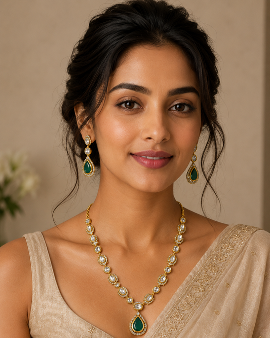 Shiraya Moissanite Sleek Necklace Set-Dark Green