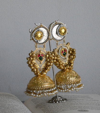 Designer Gold Finish Brass Kundan Slightly  Heavy and Long Earrings