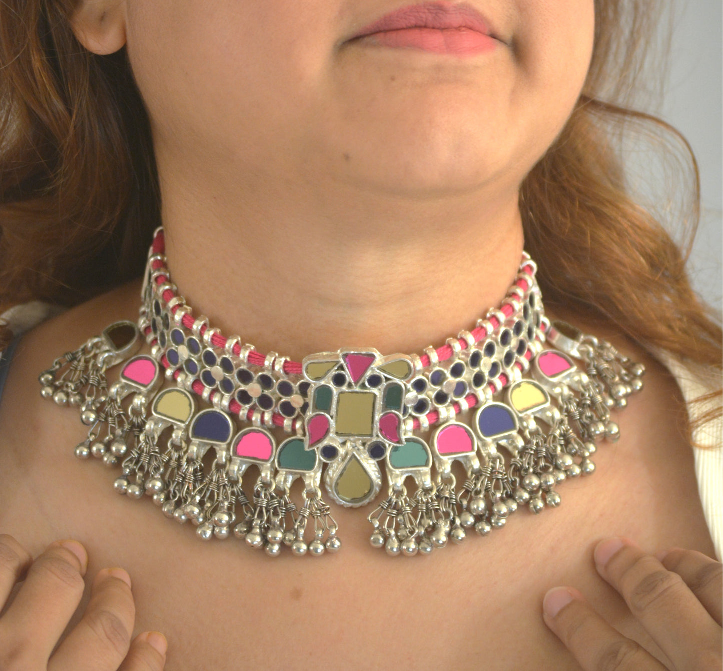 Tejal Multicoloured Glass Choker Necklace Set with Earrings
