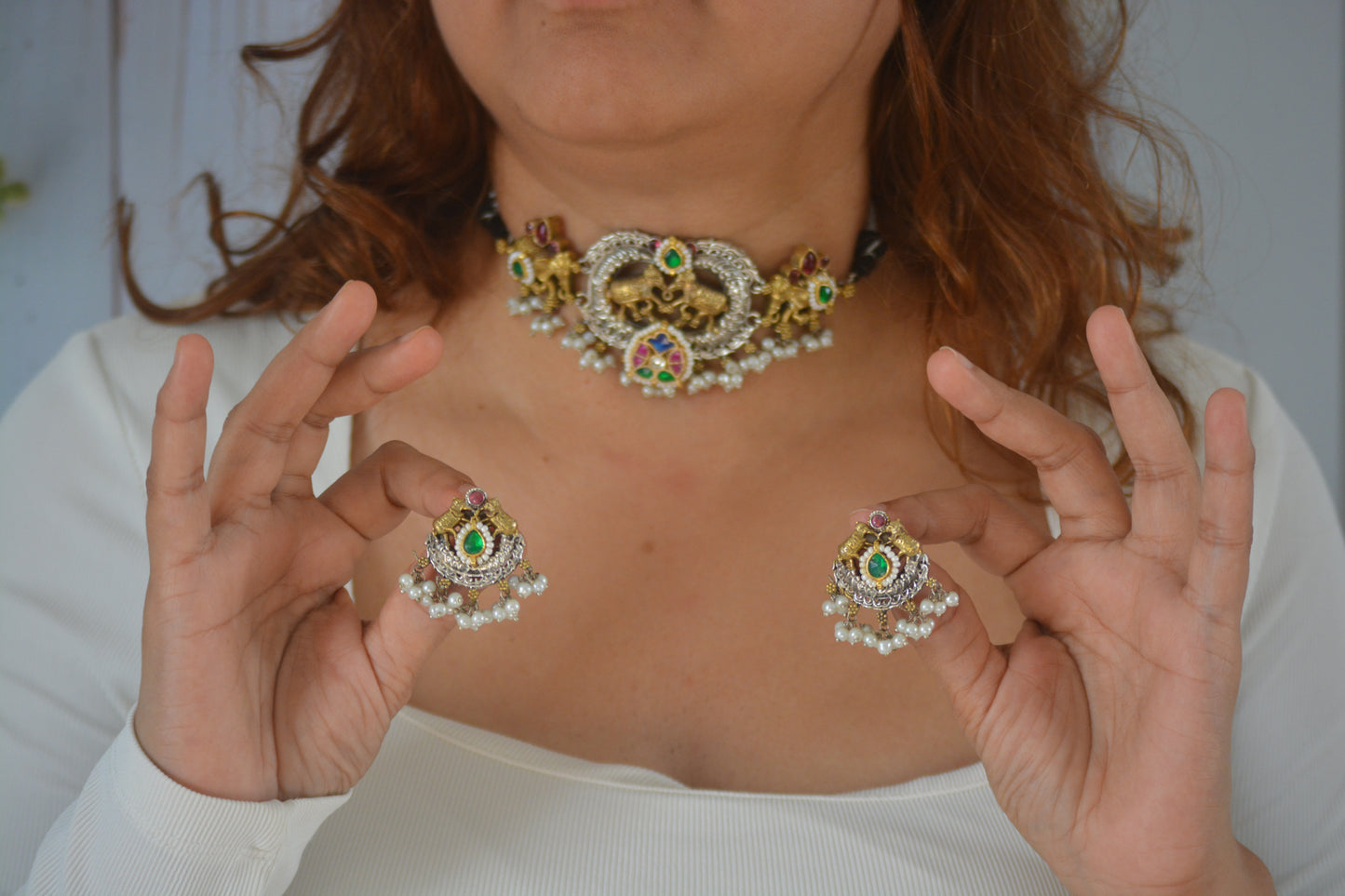 Suranya Pachi Kundan Necklace Set With Earrings