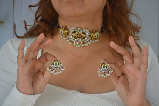 Suranya Pachi Kundan Necklace Set With Earrings