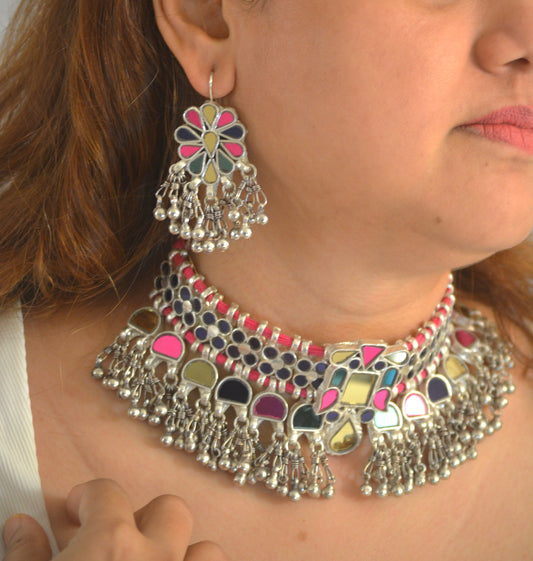 Tejal Multicoloured Glass Choker Necklace Set with Earrings