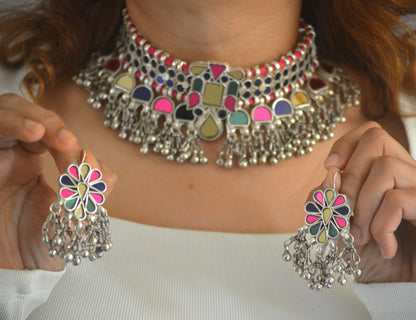 Tejal Multicoloured Glass Choker Necklace Set with Earrings