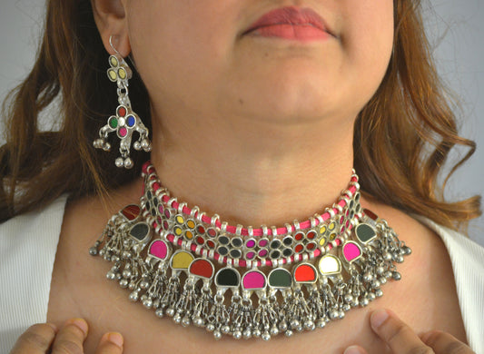 Simara Multicoloured Glass Necklace Set with Earrings