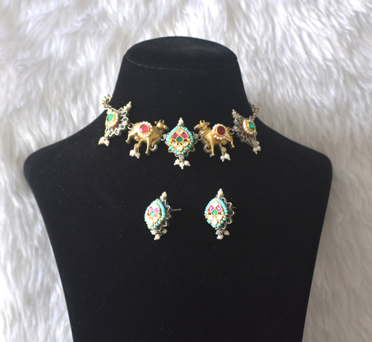 Pachi Kundan Brass Sleek Nandi dual tone Necklace Set with Earrings