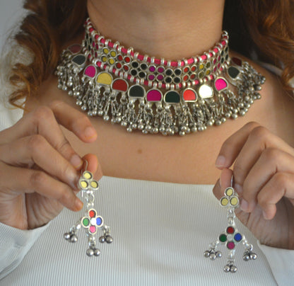 Simara Multicoloured Glass Necklace Set with Earrings