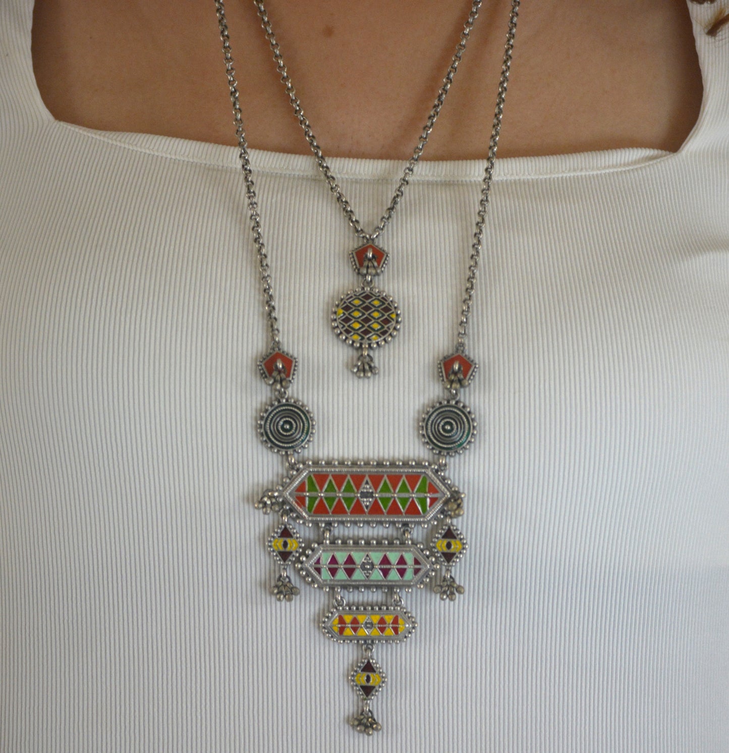 Garba Designer Pendant Set with Earrings and 2 Chains