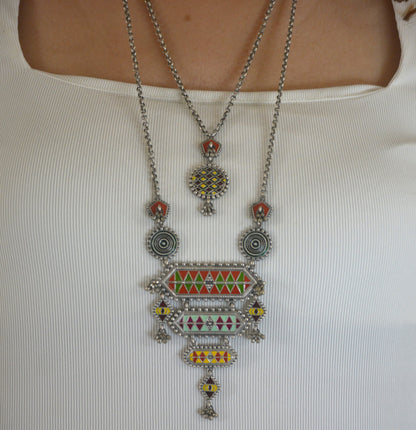 Garba Designer Pendant Set with Earrings and 2 Chains