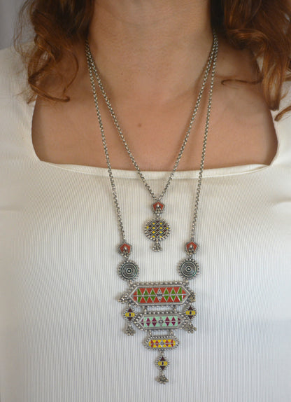 Garba Designer Pendant Set with Earrings and 2 Chains