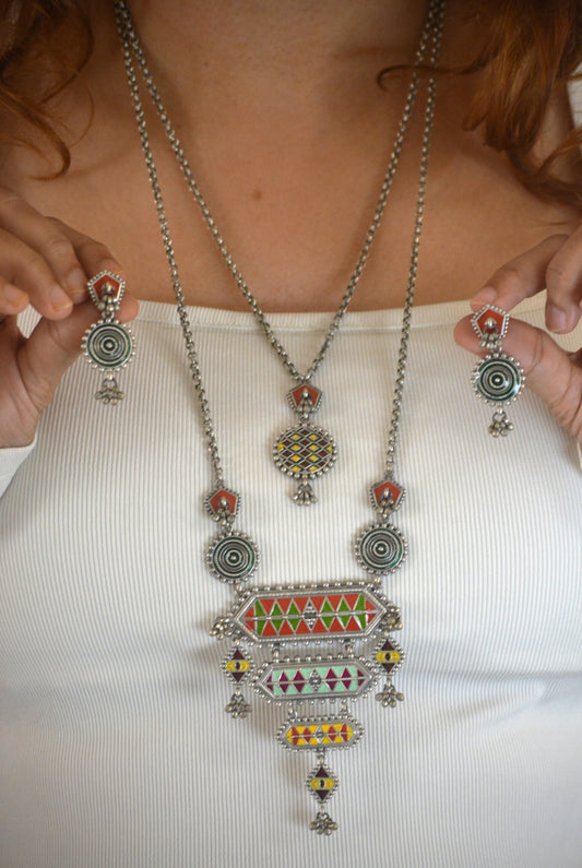 Garba Designer Pendant Set with Earrings and 2 Chains